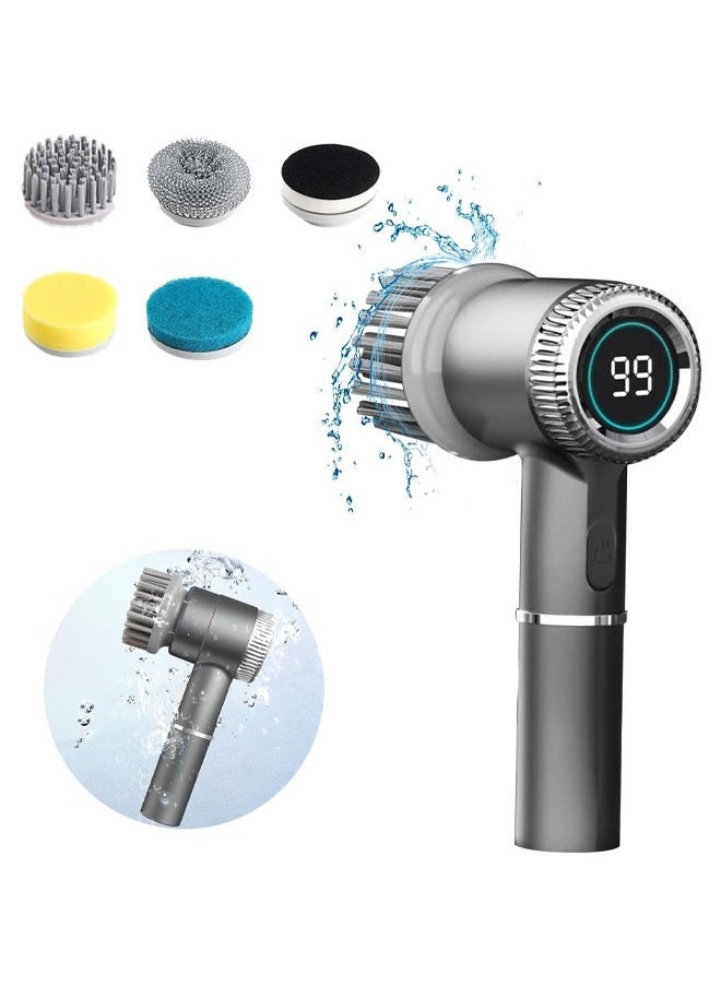 Hihonor Electric Cleaning Brush with 5 Replaceable Brush Heads, Dishwashing, Shoe Brushing, Floor Degreasing, Multifunctional Electric Cleaning Brush, Suitable for Bathroom Floor, Kitchen Cleaning, Grey  - Image 1