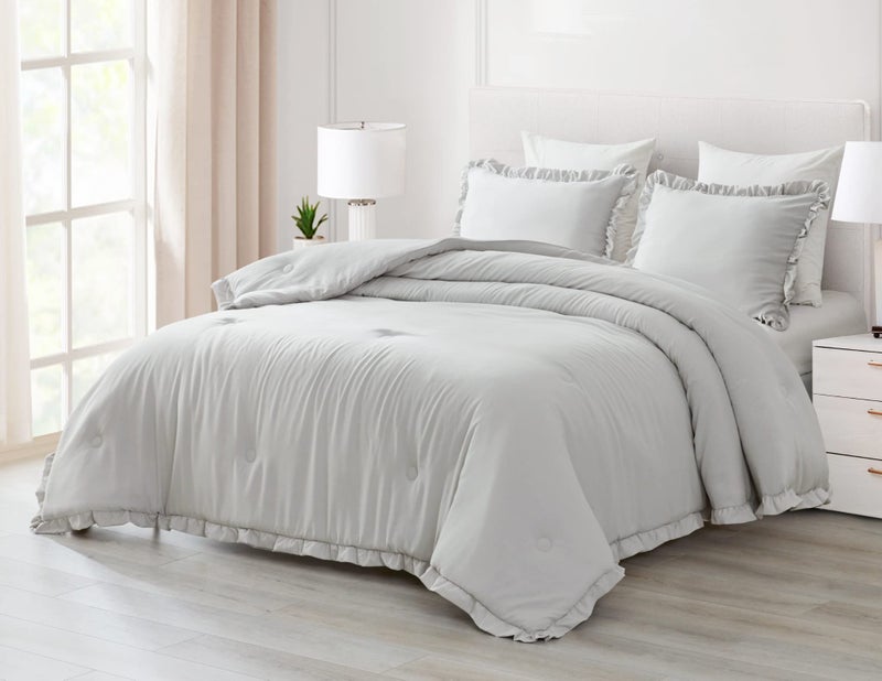 Chezmoi Collection Chezmoi Collection Nora 3Piece Ruffled Edge Trim Soft Washed Microfiber Comforter Set King Light Gray 