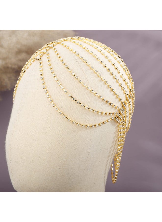 YERTTER Wedding Silver Rhinestone Round Cap Head Cap Layered Tennis Chain 20S Head Accessories Jewelry Crystal Headband Headpiece Boho Hair Accessories For Women Brides Prom Costume(Gold 2)  - Image 3