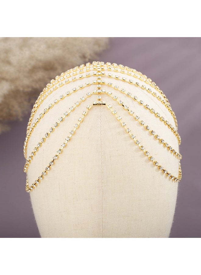 YERTTER Wedding Silver Rhinestone Round Cap Head Cap Layered Tennis Chain 20S Head Accessories Jewelry Crystal Headband Headpiece Boho Hair Accessories For Women Brides Prom Costume(Gold 2)  - Image 2