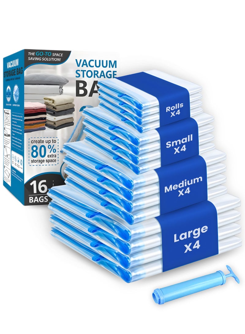 MODANOIR 16PCS Premium Vacuum Storage Bags with Hand Pump – Reusable Space Saver Bags for Clothes, Bedding, Duvets, Pillows & Travel, Includes 4 Sizes (4 Small, 4 Medium, 4 Large, 4 Extra Large) - Image 1