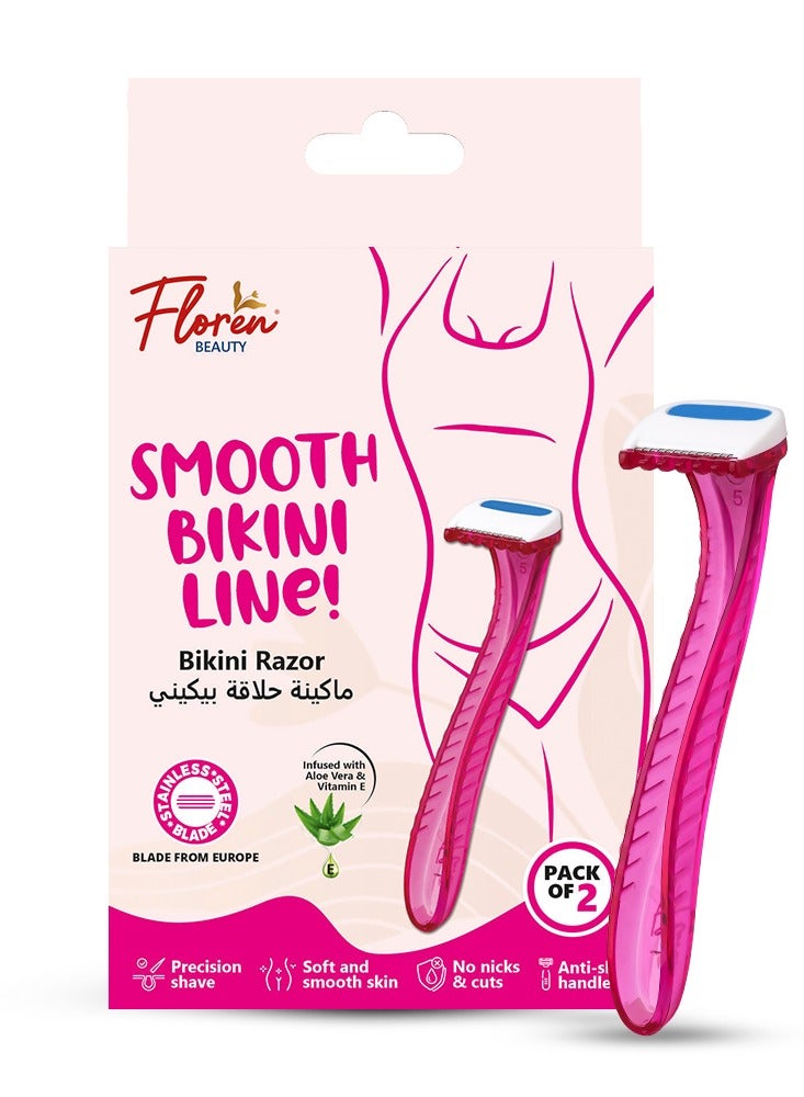 Floren Floren Bikini Line Razor for Women | Aloe Vera & Vit E | Gentle on Skin | Hair Removal Razor | No Irritation | Pack of 2  - Image 1