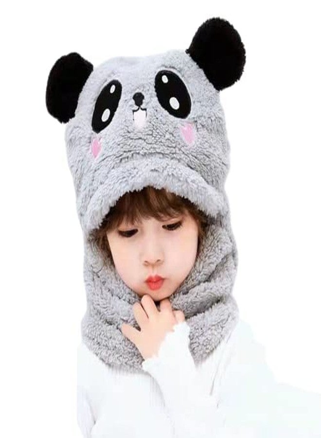 JMP Cute Panda Cartoon Monkey Cap for Girls and Boys (Pack of 1) | Age - 6 Years to 12 Years |Free Size | Plush Wool | Winter Cap | Neck Scarf (Grey Color) - Image 1