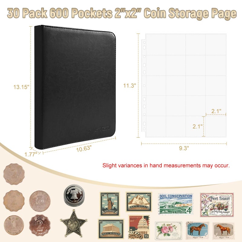 BYSTER Coin Collection Book, 30 Pack 600 Pockets Coin Sleeves, Faux Leather Coin Collection Holder Album, Coin Collection Organizer Storage Box Case (Coin Flips Not Included), Black - Image 2