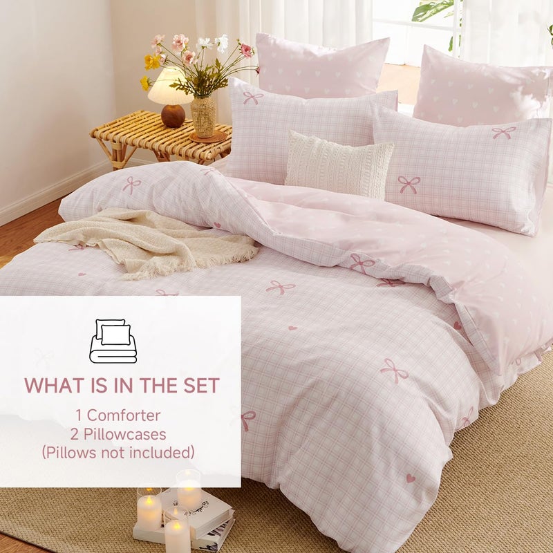 Erwinmu Gingham Comforter Set Queen Size,3 Pieces Pink Plaid Bow Ties Comforter Bedding Sets Reversible Pattern for Girls Kids,Cozy Breathable Microfiber Comforter and 2 Pillowcases - Image 4