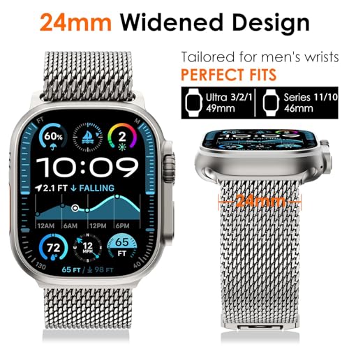 WINGLE Milanese Loop for Apple Watch Band Ultra 3/2/1 Band Ultra 49mm Series 11 10 46mm 45mm 44mm SE 3/2/1 9 8 7 6 5 4 Men Women,Parachute-Style Buckle Stainless Steel Mesh Metal iWatch Bands Titanium - Image 5