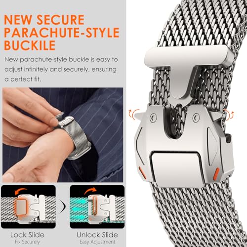 WINGLE Milanese Loop for Apple Watch Band Ultra 3/2/1 Band Ultra 49mm Series 11 10 46mm 45mm 44mm SE 3/2/1 9 8 7 6 5 4 Men Women,Parachute-Style Buckle Stainless Steel Mesh Metal iWatch Bands Titanium - Image 3