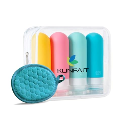 KUNFAIT Set of 4 Empty Silicone Refill Travel Bottles for Toiletries with Scrubber Bottles for Shampoo Cream Hand Wash Lotion Small Leakproof Mini Essentials (Multicolour 90ml) - Image 1