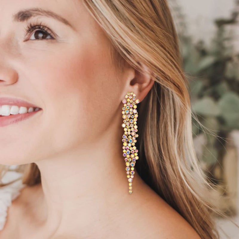 EVER FAITH Wedding Rhinestone Crystal Art Deco Statement Earring, Banquet Prom Long Chandelier Dangle Earrings for Women Bride Iridescent AB - Image 2