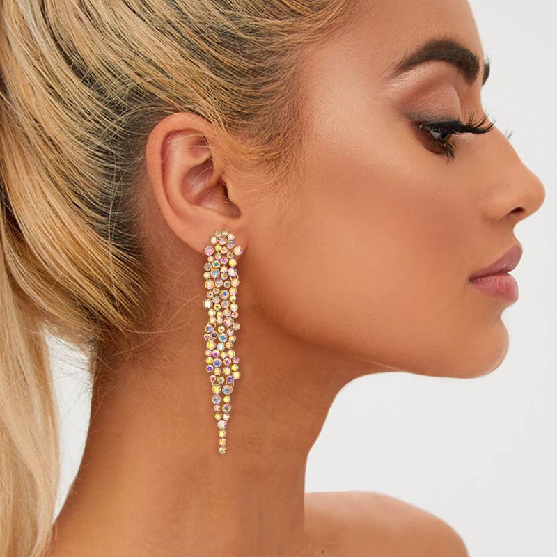 EVER FAITH Wedding Rhinestone Crystal Art Deco Statement Earring, Banquet Prom Long Chandelier Dangle Earrings for Women Bride Iridescent AB - Image 3