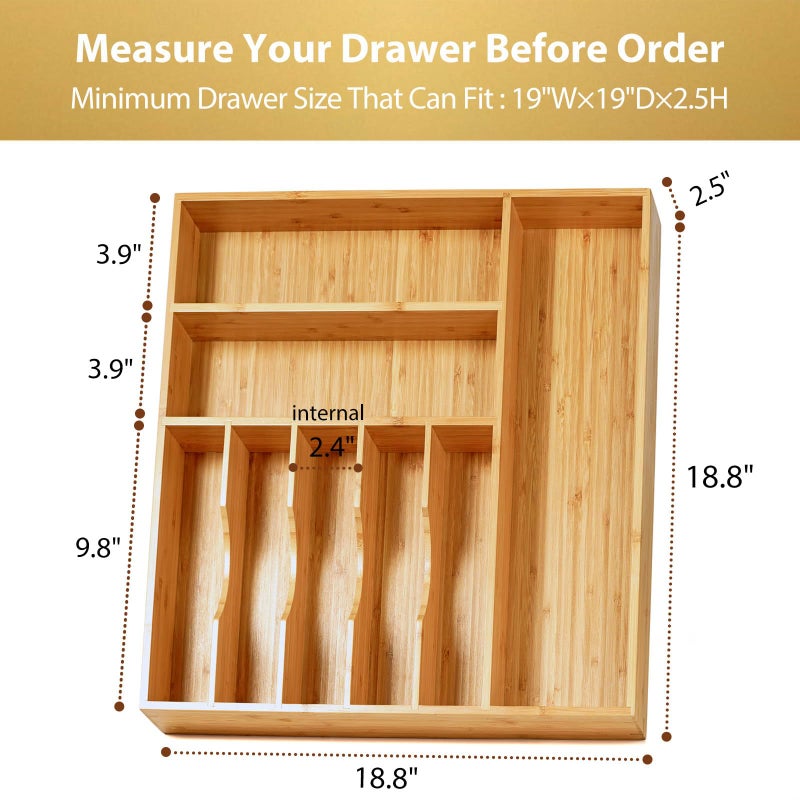 Umilife Large Kitchen Drawer Organizer, 19"x19" Silverware Utensils Organizer, 2.5" High for Large Deep Drawers, Bamboo Flatware Holder with Thick Frames, Sturdy Kitchen Organization Tray - Image 5