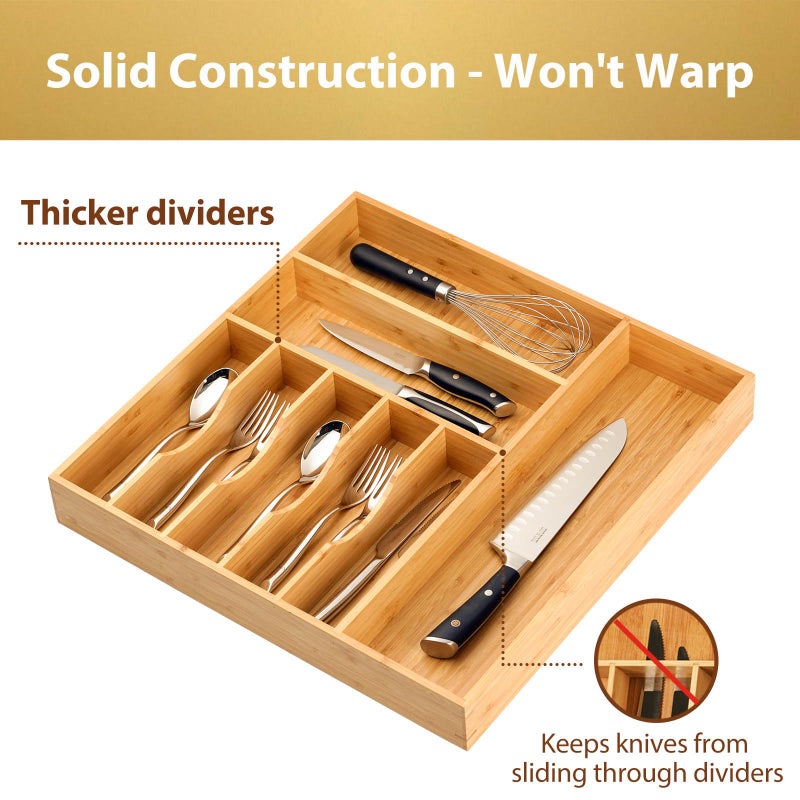 Umilife Large Kitchen Drawer Organizer, 19"x19" Silverware Utensils Organizer, 2.5" High for Large Deep Drawers, Bamboo Flatware Holder with Thick Frames, Sturdy Kitchen Organization Tray - Image 3