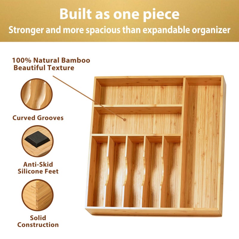 Umilife Large Kitchen Drawer Organizer, 19"x19" Silverware Utensils Organizer, 2.5" High for Large Deep Drawers, Bamboo Flatware Holder with Thick Frames, Sturdy Kitchen Organization Tray - Image 2