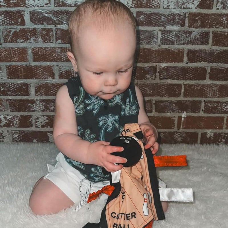 The Learning Lovey Baby Jack  Co 10x10 Bowling Sports Lovey Sensory Plush Blanket  Tag Toys for Babies  Baby Stroller Toys  Learn Shapes Letters  Colors  Perfect MVP Baby Toy  Baby Sports Gift wStroller Clip - Image 2