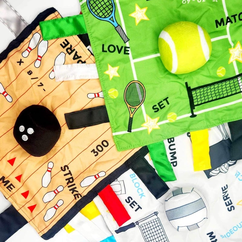 The Learning Lovey Baby Jack  Co 10x10 Bowling Sports Lovey Sensory Plush Blanket  Tag Toys for Babies  Baby Stroller Toys  Learn Shapes Letters  Colors  Perfect MVP Baby Toy  Baby Sports Gift wStroller Clip - Image 4