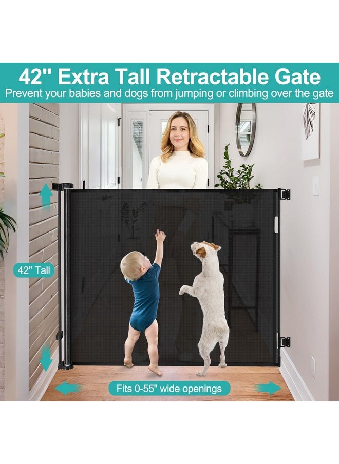 BETERTEK 42 Inch Extra Tall Dog Gate Indoor 55” Wide Puppy Gates for The House Prevent Kids/Pets from Jumping Over Retractable Extra Tall Baby Gates for Doorways Retractable Outdoor Pet Gate for Stairs, Black  - Image 1