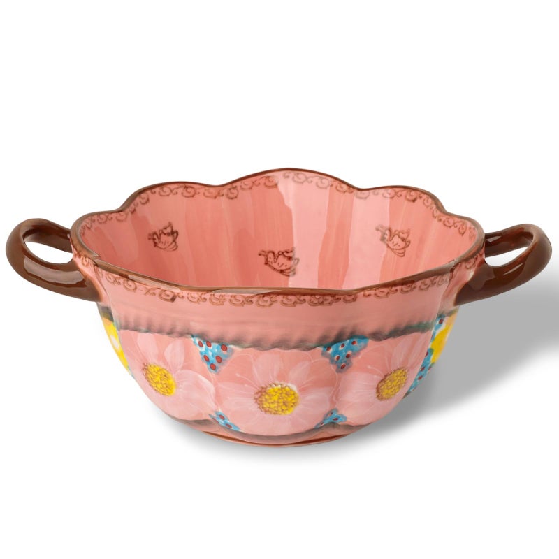 silesia Handmade Salad Bowls with Handles, 45 oz Hand-Painted Serving Bowl, Large Ceramic Crocks for Soup, Pasta, Stew, Microwave & Dishwasher Safe, Kitchen Decor Gift (Glazed Pink) - Image 1