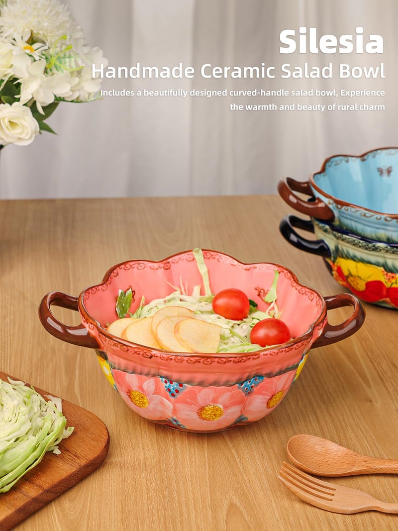 silesia Handmade Salad Bowls with Handles, 45 oz Hand-Painted Serving Bowl, Large Ceramic Crocks for Soup, Pasta, Stew, Microwave & Dishwasher Safe, Kitchen Decor Gift (Glazed Pink) - Image 4
