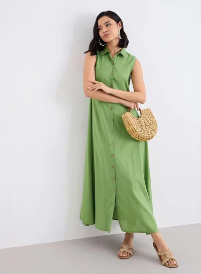 Styli Styli Green Sleeveless Shirt Maxi Dress