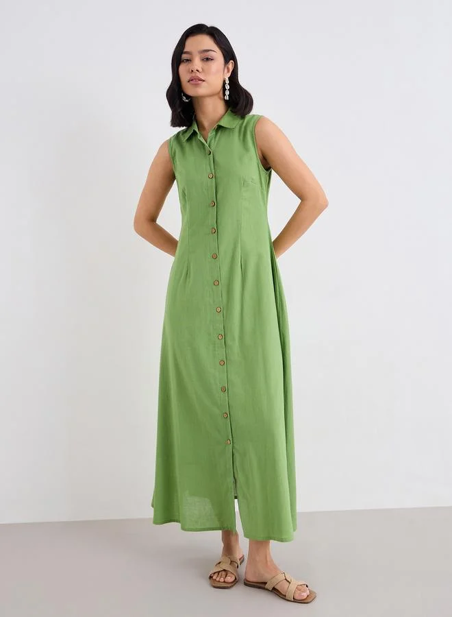 Styli Styli Green Sleeveless Shirt Maxi Dress