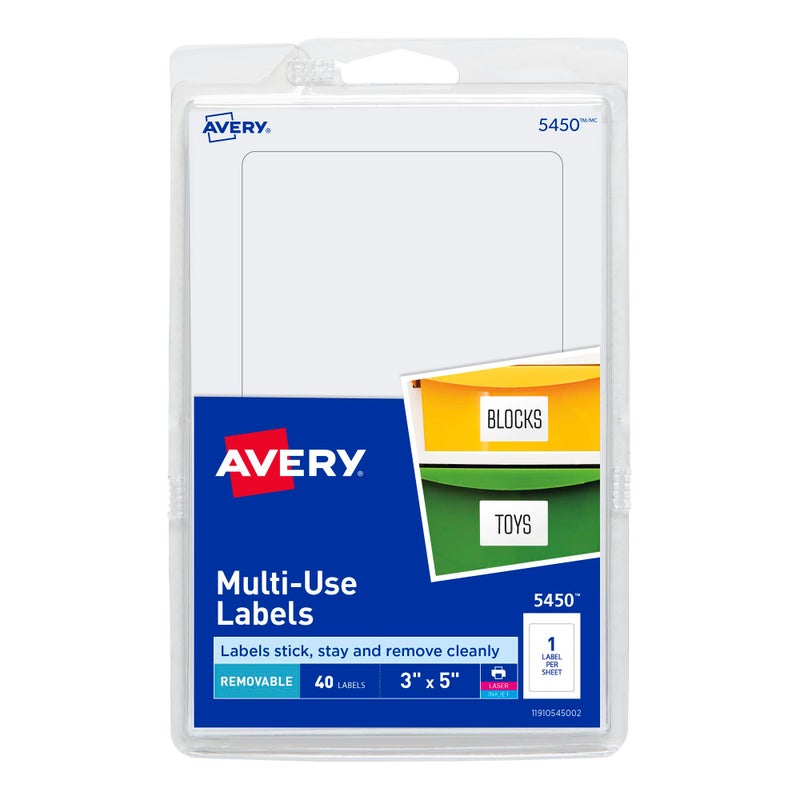 Avery 5450 Removable Print or Write Labels, 3 x 5 - White (Pack of 40) - Image 1