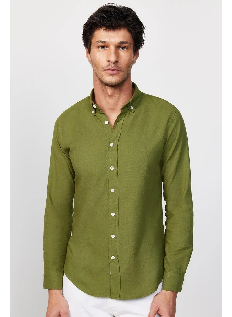 Tudors Slim Fit Long Sleeve Pile Collar Buttoned Linen Khaki Men's Shirt