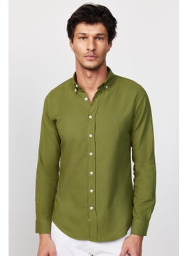 Tudors Slim Fit Long Sleeve Pile Collar Buttoned Linen Khaki Men's Shirt  - Image 3