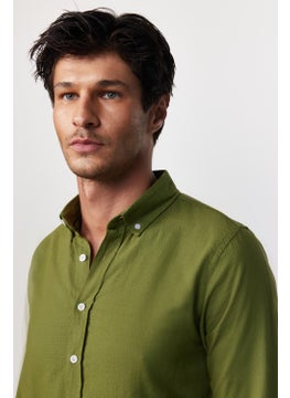 Tudors Slim Fit Long Sleeve Pile Collar Buttoned Linen Khaki Men's Shirt  - Image 2