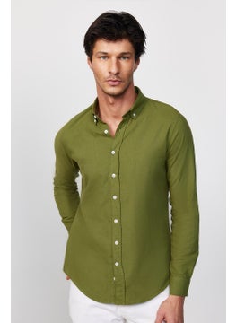 Tudors Slim Fit Long Sleeve Pile Collar Buttoned Linen Khaki Men's Shirt  - Image 1