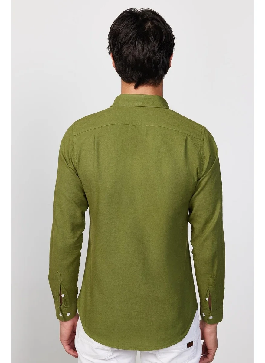 Tudors Slim Fit Long Sleeve Pile Collar Buttoned Linen Khaki Men's Shirt