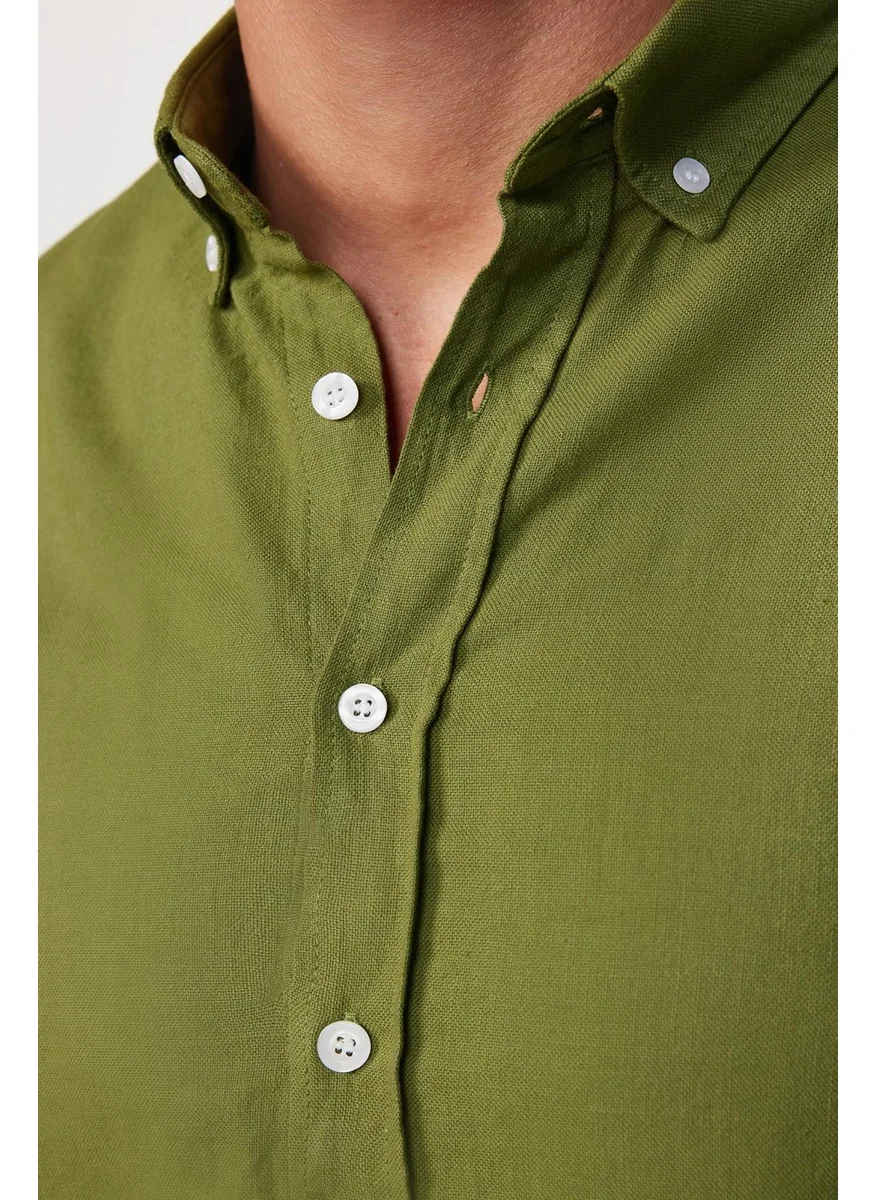 Tudors Slim Fit Long Sleeve Pile Collar Buttoned Linen Khaki Men's Shirt