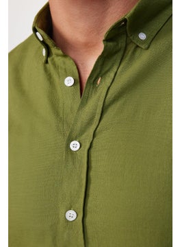 Tudors Slim Fit Long Sleeve Pile Collar Buttoned Linen Khaki Men's Shirt  - Image 5
