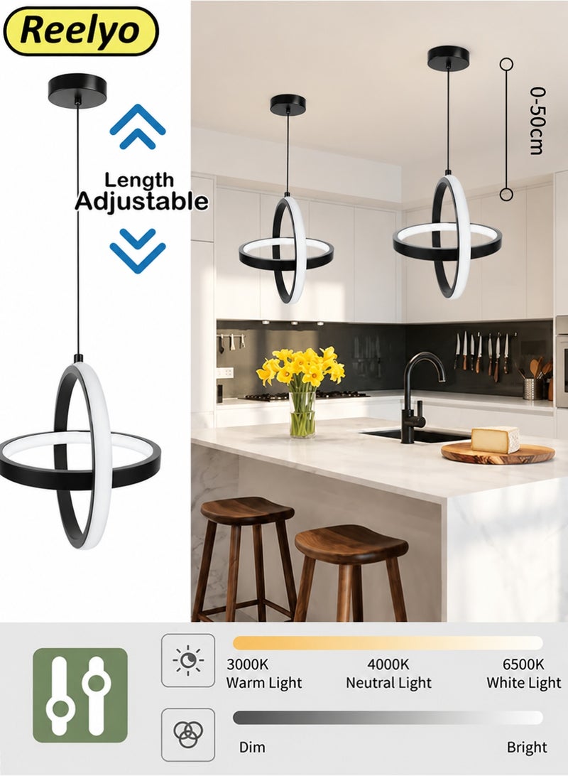 Reelyo Modern LED Pendant Light, 3-Colors Integrated Energy‑Saving Hanging Lamp, Adjustable Height & Light,  Eye‑Friendly Ceiling Light Kitchen Island Pendant Lighting Fixture No‑Flicker for Living Room Bedroom Home Office Study Balcony Stairway Entryway Kitchen Cloakroom Studio Cafe Bar, 1 Pack (Black) - Image 1