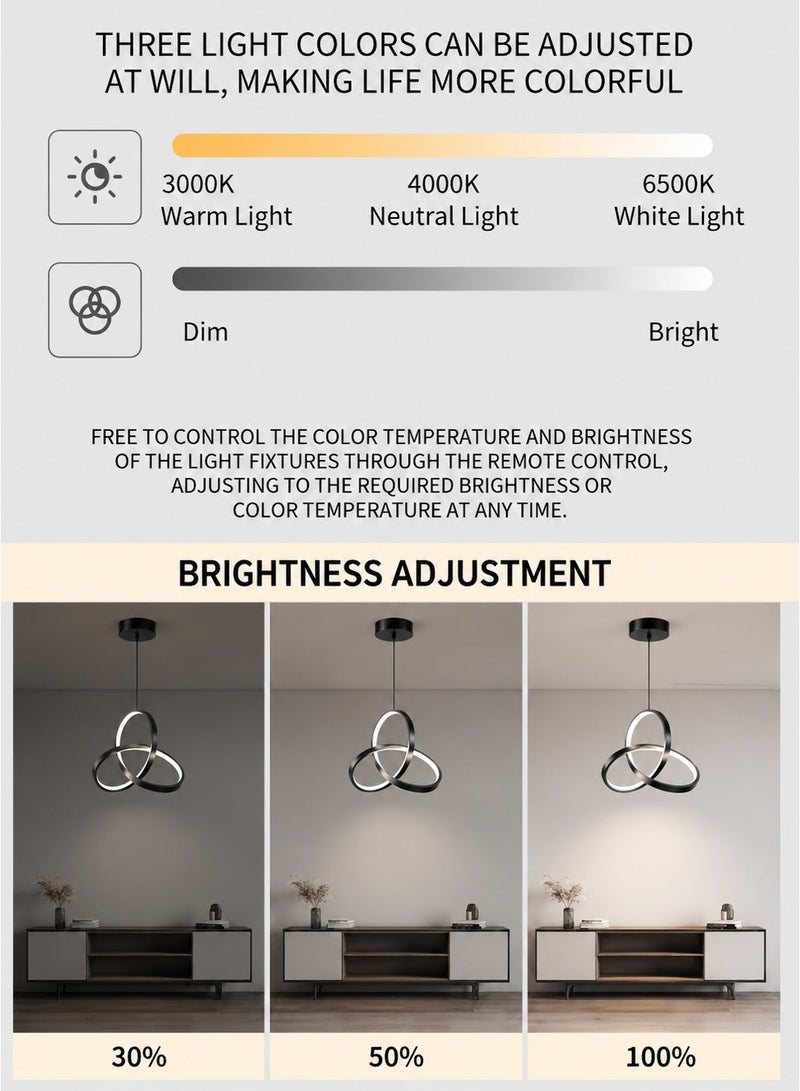 Reelyo Modern LED Pendant Light, 3-Colors Integrated Energy‑Saving Hanging Lamp, Adjustable Height & Light,  Eye‑Friendly Ceiling Light Kitchen Island Pendant Lighting Fixture No‑Flicker for Living Room Bedroom Home Office Study Balcony Stairway Entryway Kitchen Cloakroom Studio Cafe Bar, 1 Pack (Black) - Image 3
