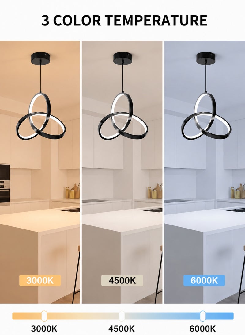 Reelyo Modern LED Pendant Light, 3-Colors Integrated Energy‑Saving Hanging Lamp, Adjustable Height & Light,  Eye‑Friendly Ceiling Light Kitchen Island Pendant Lighting Fixture No‑Flicker for Living Room Bedroom Home Office Study Balcony Stairway Entryway Kitchen Cloakroom Studio Cafe Bar, 1 Pack (Black) - Image 4