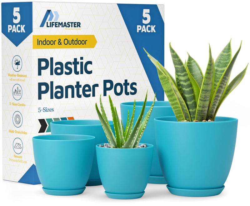 LifeMaster Blue Plant Pots with Drainage Holes & Saucers 5 Pack, Indoor & Outdoor Stackable Space-Saving Planters for Houseplants & Flowers, (7", 6.7", 6", 5.3", and 4.8" Inches), Durable & Weatherproof - Image 1