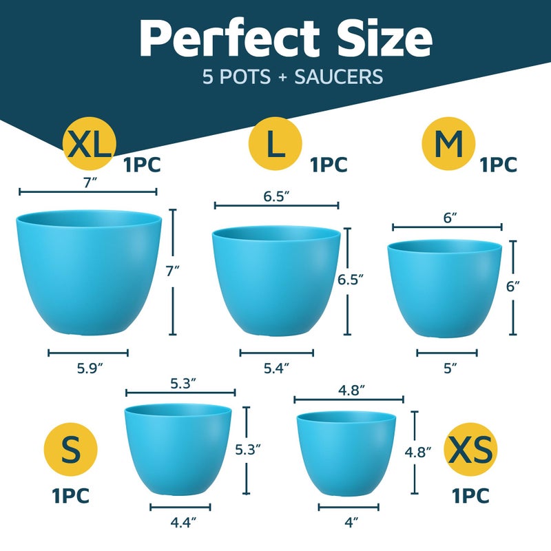 LifeMaster Blue Plant Pots with Drainage Holes & Saucers 5 Pack, Indoor & Outdoor Stackable Space-Saving Planters for Houseplants & Flowers, (7", 6.7", 6", 5.3", and 4.8" Inches), Durable & Weatherproof - Image 2
