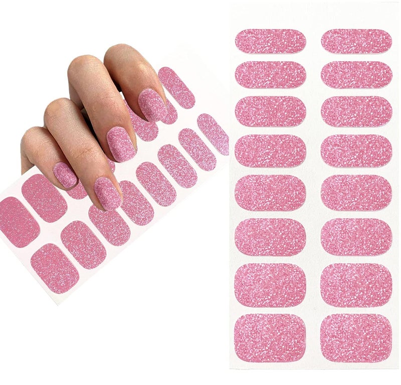Self-Adhesive Glitter Shiny Pink Full Nail Wraps Stickers | Brighter, Thicker, Tougher Nail Polish Strips for Women Teens and Girls | DIY Nail Art Decoration (1 Sheet-16 Strips)