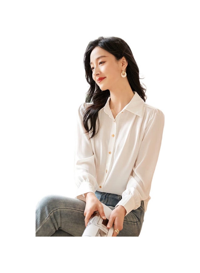 First Application Chushen Loose-Fitting Simple Long-Sleeve Shirt For Women, Single-Breasted, Elegant Professional Commuter Top, White Blouse, S132C2204 - Image 1