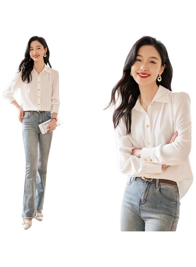 First Application Chushen Loose-Fitting Simple Long-Sleeve Shirt For Women, Single-Breasted, Elegant Professional Commuter Top, White Blouse, S132C2204 - Image 3