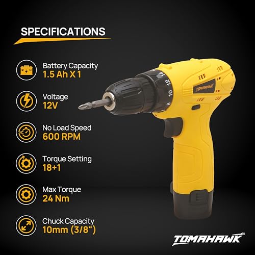 TOMAHAWK® 12V Cordless Drill/Screwdriver | 10mm Keyless Chuck, 1-Speed 600 RPM, 1.5Ah Battery | LED Light, 24Nm Torque, 18+1 Settings | Ideal for Home, DIY, Wood & Metal Work - Image 5