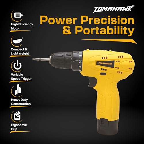 TOMAHAWK® 12V Cordless Drill/Screwdriver | 10mm Keyless Chuck, 1-Speed 600 RPM, 1.5Ah Battery | LED Light, 24Nm Torque, 18+1 Settings | Ideal for Home, DIY, Wood & Metal Work - Image 2