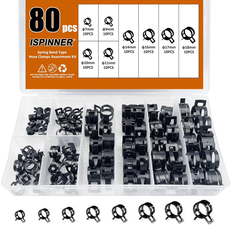 ISPINNER 80pcs Spring Band Type FuelSilicone Vacuum Hose Pipe Clamp 7mm18mm Low Pressure Air Clip Clamp 7mm 9mm 10mm 11mm 14mm 16mm 17mm 18mm Black