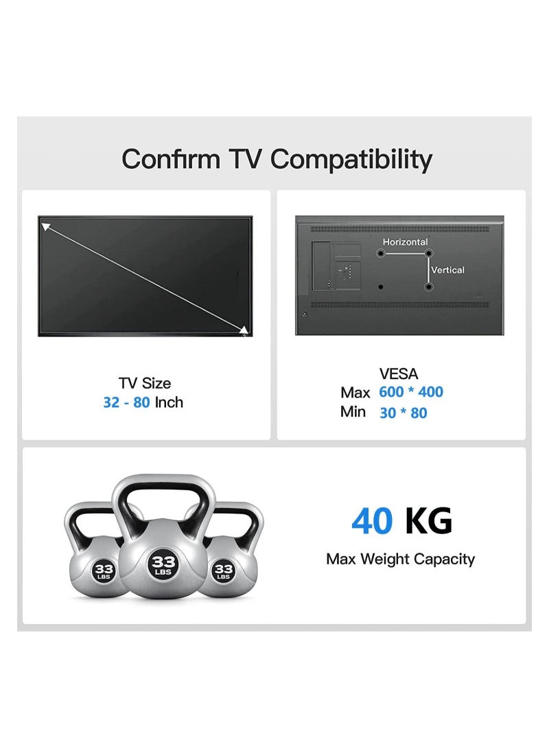 Full Motion TV Wall Mount for Most 32-80 inch TV, Swivel and Tilt TV Mount with Rugged Double Arm Bracket, Universal TV Stand Holds Up to 40kg, VESA 600x400mm - Image 5