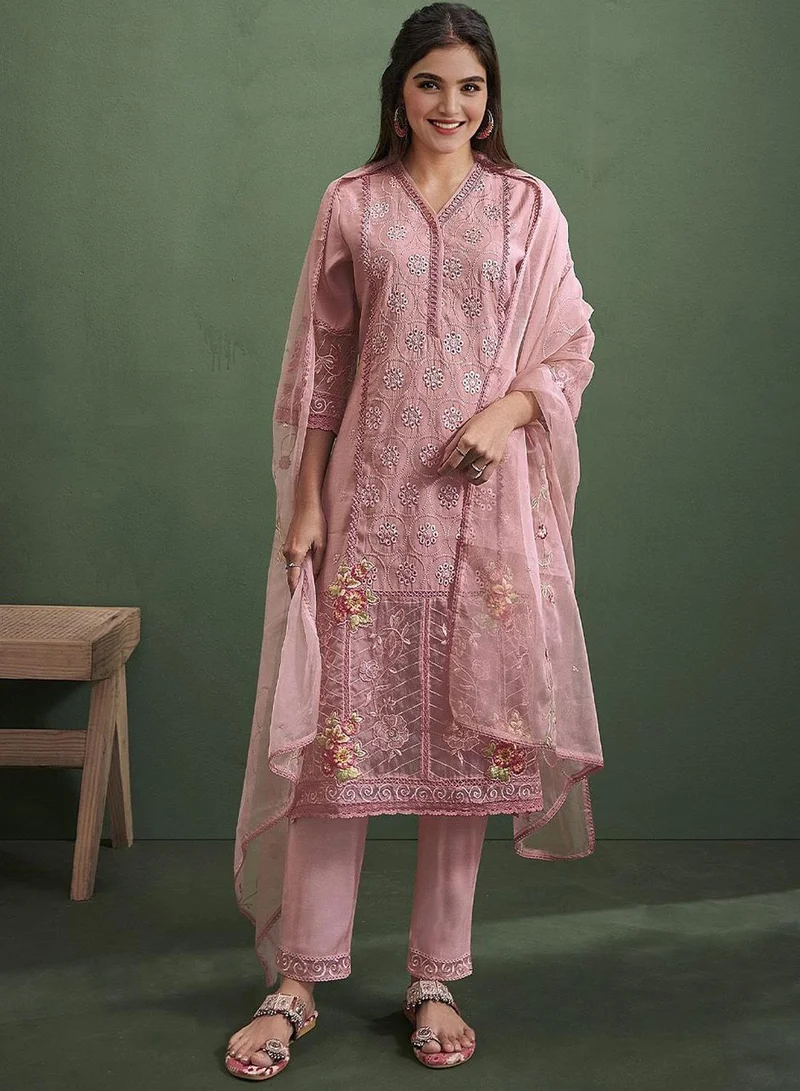 آي شين Women's Peach 100% Cotton Embellished Full Length Palazzo Regular Fit Kurta Set