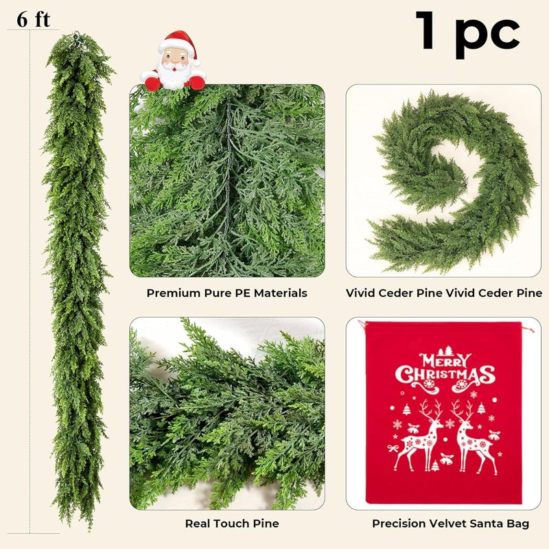 Dirnun Christmas Garland Real Touch Cedar Garland Christmas Decorations 6 ft Soft and Lush Realistic Faux Pine Garlands for Mantle, Table, Stairs, Doorframe, Fireplace Indoor Outdoor Holiday Decorations - Image 4