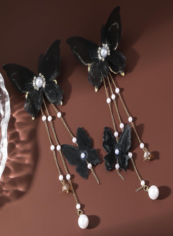 Decixde Butterfly Tassel Dangle Earrings, Black, Alloy Metal, Large Size, Lever Back, Pearl Drop, Butterfly Jewelry, Wedding Occasion - Image 4