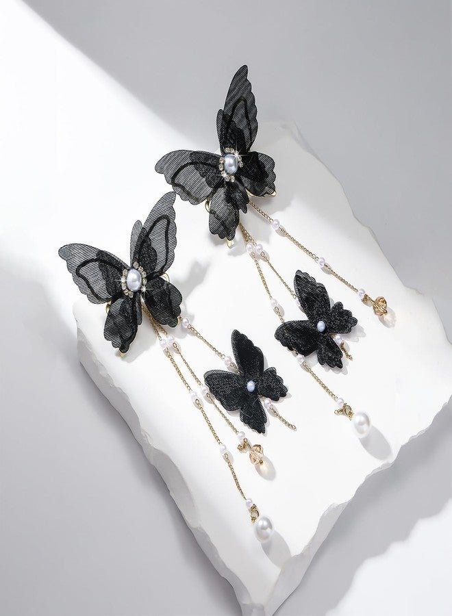 Decixde Butterfly Tassel Dangle Earrings, Black, Alloy Metal, Large Size, Lever Back, Pearl Drop, Butterfly Jewelry, Wedding Occasion - Image 3