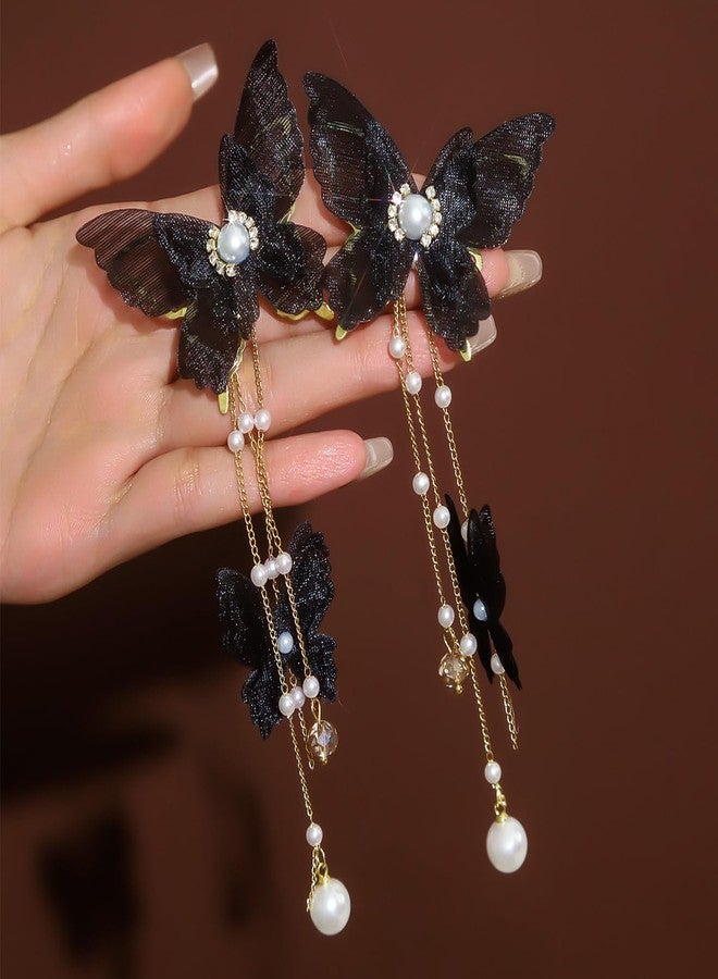 Decixde Butterfly Tassel Dangle Earrings, Black, Alloy Metal, Large Size, Lever Back, Pearl Drop, Butterfly Jewelry, Wedding Occasion - Image 5