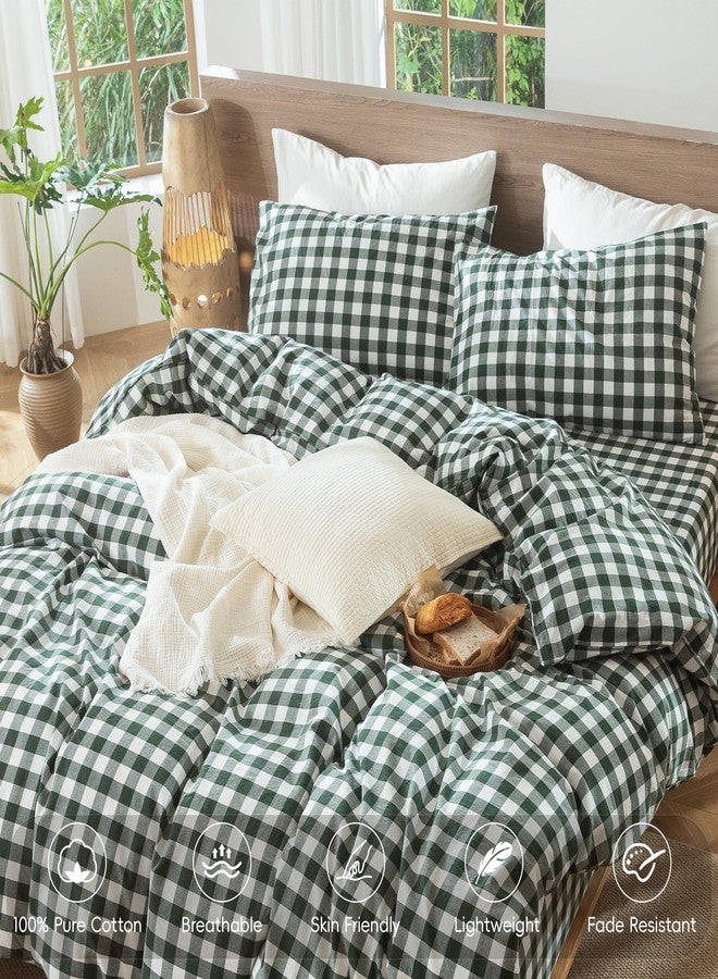 مومى طقم غطاء لحاف MooMee Gingham، مصنوع من القطن المغسول بنسبة 100%، ذو ملمس يشبه الكتان، يسمح بمرور الهواء، متين، ناعم ومريح، بتصميم عصري بنقشة مربعات (نقشة الجاموس، أخضر غابي، مقاس كينج 104 × 90 بوصة). - Image 4